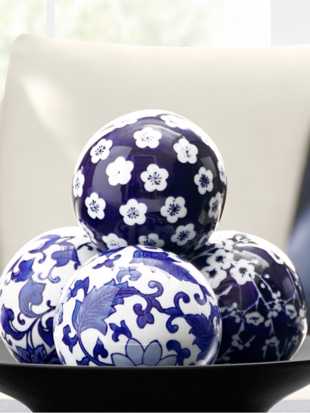 Williams Sonoma Blue and White Floral Ceramic Spheres Set